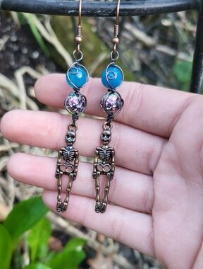 Blue Agate, Titanium Aura Quartz And Skeleton Charm Handmade Copper Earrings